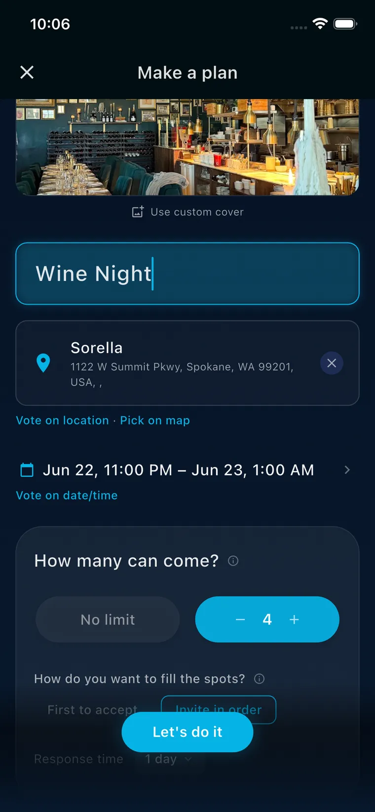 Make a plan screen in Current: pick a place, set capacity and choose how invites fill