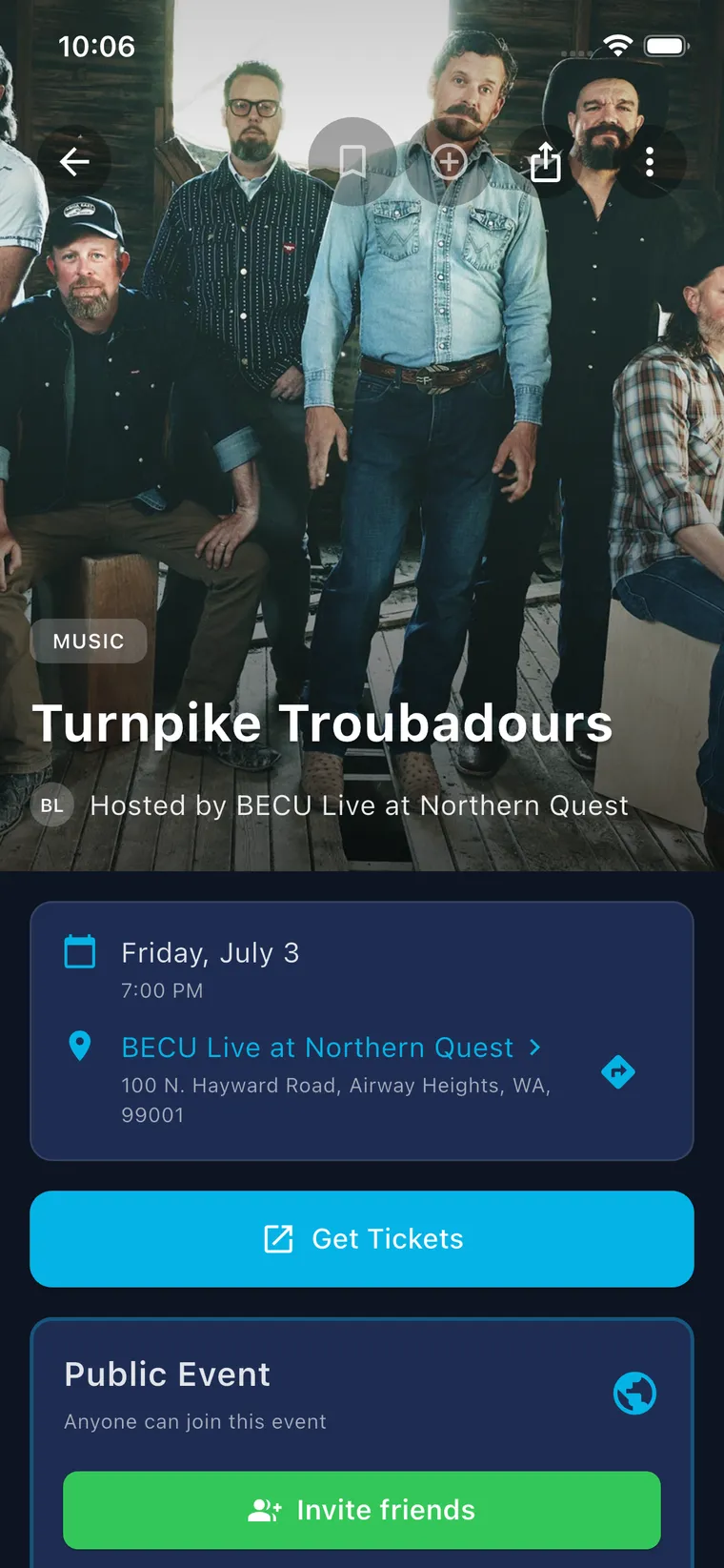 Event page in Current with date, location, RSVPs, group chat and invite friends